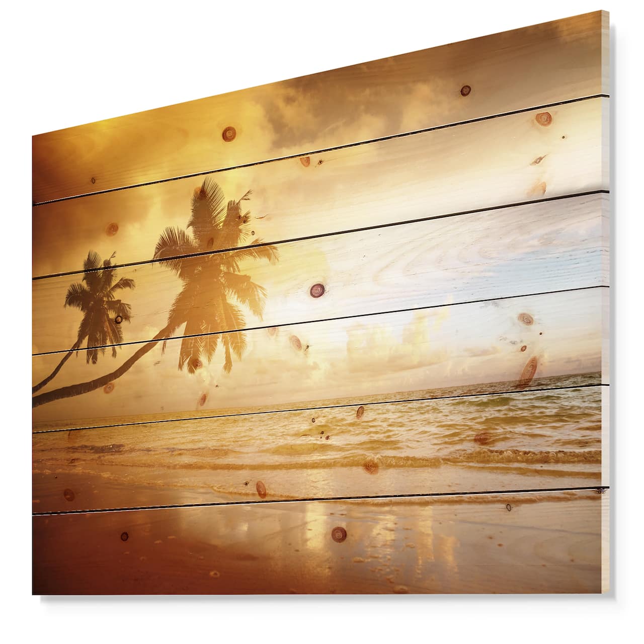 Designart - Beautiful Palms at the Caribbean Beach - Seascape Print on Natural Pine Wood